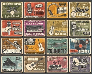 Music instruments shop, live concert and recording studio, vector retro posters. Classic music radio, guitar store, jazz fest saxophone and piano school, singer vocals courses and blues bar