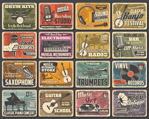 Music instruments shop, live concert and recording studio, vector retro posters. Classic music radio, guitar store, jazz fest saxophone and piano school, singer vocals courses and blues bar