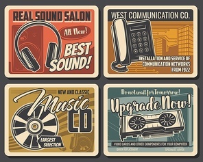 Modern devices and technology services vector retro posters. Dj sound equipment and music CD records shop, phone and communication networks installation. Computer device, software upgrade