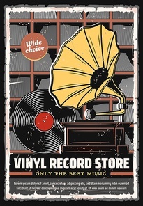 Vinyl records shop vector retro poster. Wide choice of vintage vinyl records and players music store, gramophone phonograph and musical disks on shelves. Old stereo albums and record player