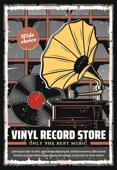 Vinyl records shop vector retro poster. Wide choice of vintage vinyl records and players music store, gramophone phonograph and musical disks on shelves. Old stereo albums and record player