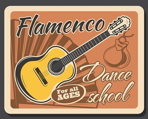 Flamenco Spanish dance school. Spain dancing, culture and national traditions. Professional flamenco dancer club courses or classes retro poster with castanets and guitar musical instruments