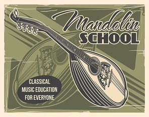 Mandolin vector musical instrument retro poster of folk music school design. Italian bowlback mandolin, acoustic stringed musical instrument, decorated with ethnic ornament on wooden body