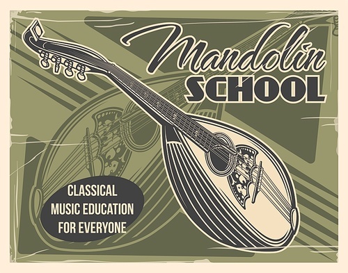 Mandolin vector musical instrument retro poster of folk music school design. Italian bowlback mandolin, acoustic stringed musical instrument, decorated with ethnic ornament on wooden body