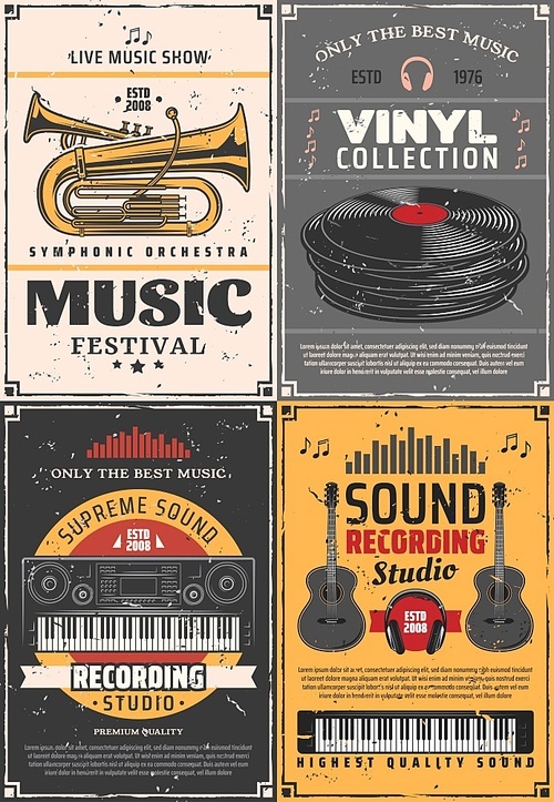 Music and sound recording studio, vinyl records shop and music festival vintage retro posters. Vector music band instruments, DJ headphones and jazz trumpet, synthesizer piano and electric guitars