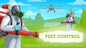 Agricultural pest control vector design. Exterminators and crop duster airplane spraying pesticides and herbicides over farm fields and garden trees with fogging machines, sprayers, protective suits