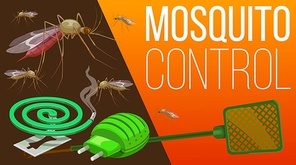 Mosquito pest control home insects and health protection service, vector poster. Mosquito fumigation tools, electric repellent, coil spiral and swatter for malaria and zika virus mosquito disinsection