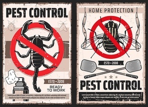 Pest control and house disinsection service, vector vintage retro posters. Domestic disinfestation, insects and pest control, scorpions extermination, ticks, flies, moth and bugs fumigation