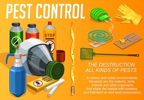 Pest control service, vector poster, domestic disinsection and extermination. Urabn deratization, cockroaches, bugs, ticks and sanitary disinfection, flies mosquitoes and insects fumigation