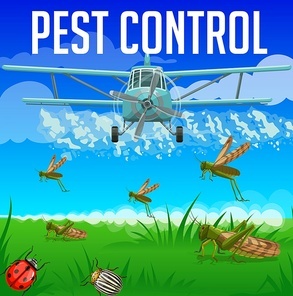 Locust, grasshopper, ladybug and colorado beetle pest control. Aerial insecticide and pesticide disinsection, vector. Agriculture insects extermination, pest control aircraft spraying insecticide