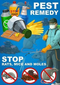 Pest remedy, rodents extermination, deratization sanitary control service vector poster. House rats, mice and moles pest control poison disinfection, mouse traps and fumigation disinfestation