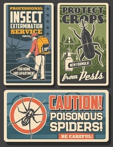 Pest control, disinfestation and insects fumigation, sanitary service vector vintage posters. Poisonous spiders caution warning sign, agriculture and domestic disinsection from bugs, weevil and moth