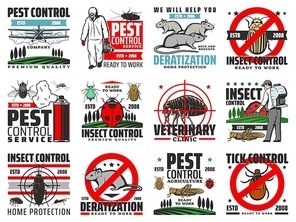 Pest control, insects extermination and rodents deratization service vector icons. Domestic and agriculture pest control, disinfection and fumigation of bugs and ticks, flea, locust and cockroach