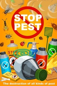 Pest control, disinsection service. Vector insects extermination equipment. Bugs and cockroach, ant and fly, chemical insecticide and pesticide sprayers, mosquito and termite, tick, aphid, mouse trap