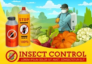 Insect and pest control. Worker spraying an insecticide with pressure sprayer against an insects. Pest control exterminator in protective mask. Field with vegetables. Colorado beetle prohibition sign