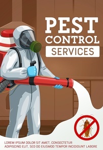 Cold fogging pest control method. Cartoon worker spraying insecticide with cold fogger against insects. Exterminator wearing chemical protective suit and mask, cockroach prohibition sign vector poster