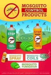 Pest control, mosquito disinsection repellents. Home insects disinsection and health protection. Mosquito fumigation tools, electric repellent, coil spiral and aerosol. Pest control vector poster