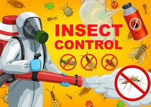 Pest control service cartoon vector of exterminator, insects and bugs. Pesticide spray or desinfection insecticide, cockroach, mosquito, termite, ant and tick, fly, colorado beetle, aphid and ladybug