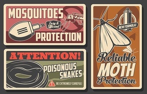 Mosquito and moth protection, snakes danger vector signs. Disinsection repellents for insects and poisonous serpents health protection. Mosquito, moth fumigation tool electric repellent, retro posters