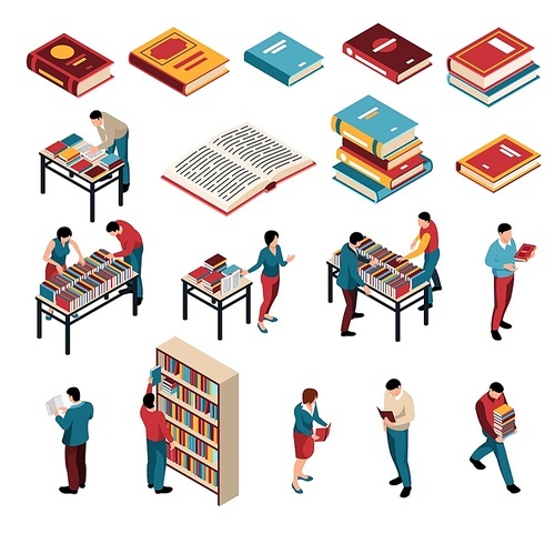 Isometric book fair exhibition festival set with characters of library workers visitors and icons of books vector illustration