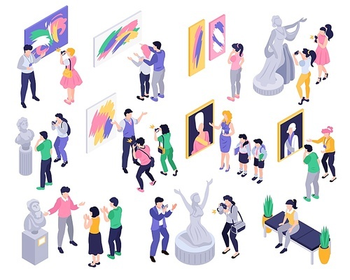 Isometric exhibition art gallery set with isolated icons and images of paintings statues with artist curator vector illustration