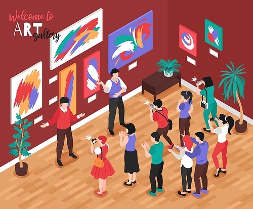 Isometric art gallery composition with indoor exhibition scenery paintings on wall curators and visitors with photographers vector illustration