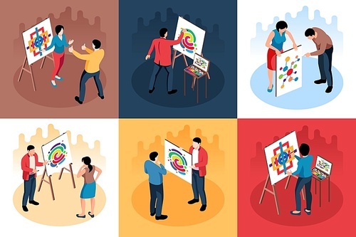 Isometric exhibition gallery design concept 3x2 set of square compositions with characters of painters with paintings vector illustration