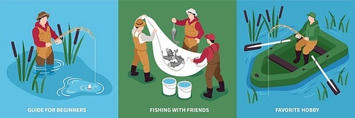 Isometric fishing design concept with set of square compositions with people fish tackle and inflatable boat vector illustration