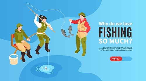 Isometric fishing horizontal banner with group of fisher characters with fish tackle editable text and button vector illustration