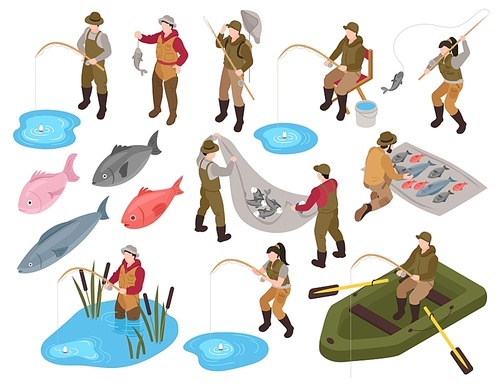 Isometric fisherman set of isolated icons and human characters with images of fishes and fishing equipment vector illustration
