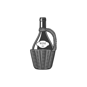 Wine bottle in basket, isolated winemaking and winery shop monochrome logo. Vector alcohol from grapes