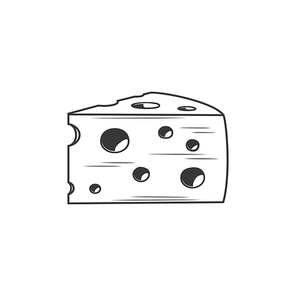 Swiss cheese with holes isolated monochrome icon. Vector dairy food snack cheddar or maasdam, edam