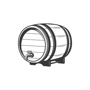 Wooden oak keg with wine or beer isolated monochrome container. Vector barrel with tap