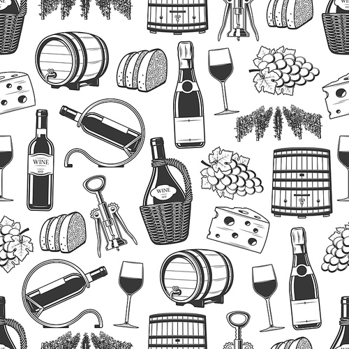 Wine seamless pattern, wine making and tasting icons. Vector background of winery wooden barrel, vintage grape vine harvest, champagne or sparkling wine with corkscrew, bread and cheese snacks pattern