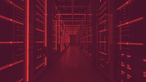 Server racks in computer network security server room data center red lights alert. 3D render