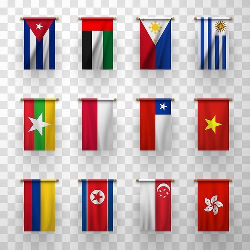 Realistic flags vector 3d icons Burma, Colombia and Chile, Uruguay, Cuba, UAE. Poland, Philippines and Singapore, Hong Kong, DPRK North Korea, Vietnam isolated national countries symbolic, flags set