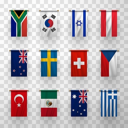 Realistic flags icons Australia, New Zealand, South Korea and Sweden, Switzerland. Czech Republic, Austria, Turkey, Mexico. South Africa, Israel, Greece isolated national countries 3d flags