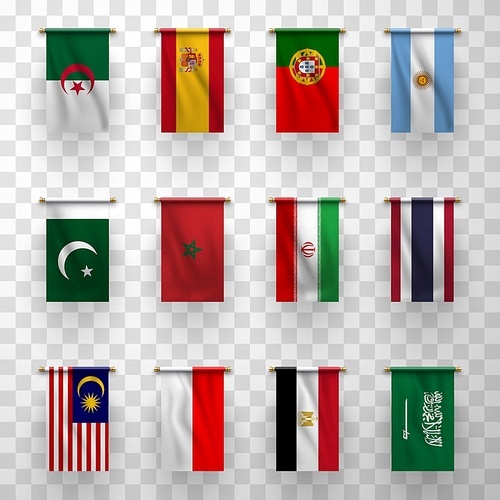 Realistic flags icons Algeria, Morocco and Egypt, Iran, Pakistan, Thailand and Malaysia. Indonesia and Saudi Arabia, Spain, Portugal and Argentina isolated national countries symbolic, 3d flags set