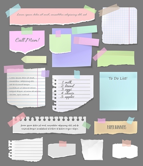 Torn paper pieces, notebook sheets and scrapbooking vector elements. Colorful paper sticker on board, note and notepad sheet, reminder, shopping and To Do list attached with adhesive tape