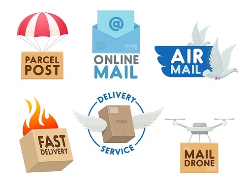 Post mail service isolated vector icons. Mailbox, letter envelope, burning parcel box fast delivery. Postbox with wings, postal correspondence airmail pigeon and parachute symbols, drone shipping