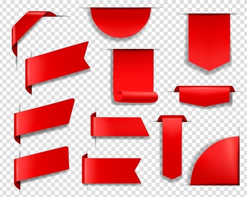 Red labels, tags and banners realistic vector set. Blank price tag sticking out from transparent background, red banners hanging on corner, bookmarks and label templates. Web page design element