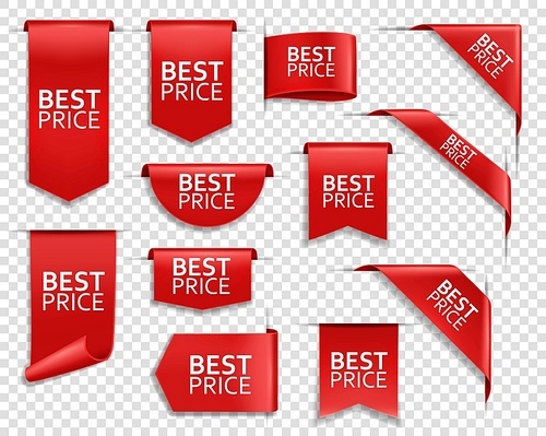Best price red ribbons and banners, web design elements. Realistic vector ribbons, corners, 3d labels. Discount silk promotional event banners, shopping tags and best price badges