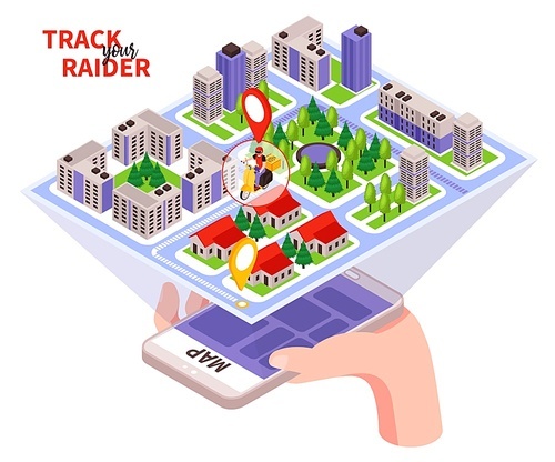 Food delivery online service with tracking scooter courier app isometric city map on smartphone screen vector illustration