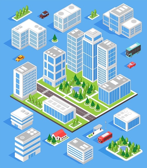 Isometric city composition with with set of town block with isolated images of buildings and transport vector illustration