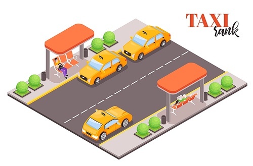 Isometric city taxi stop composition with text and piece of street with cab cars and people vector illustration