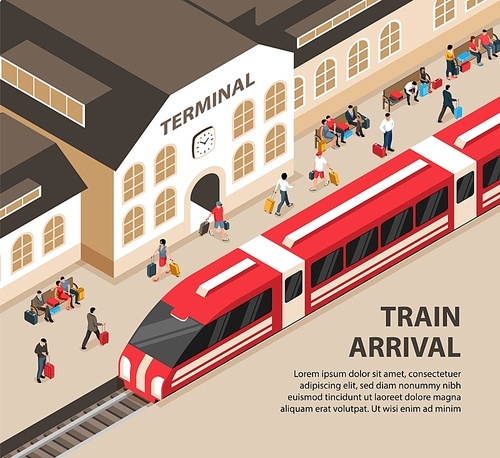 Arriving train railway station building and passengers with luggage 3d isometric vector illustration