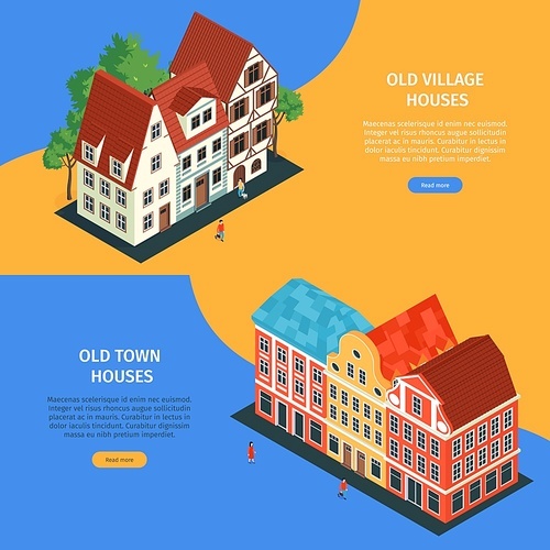 Two horizontal isometric old town banner set old house village and old town houses headlines vector illustration
