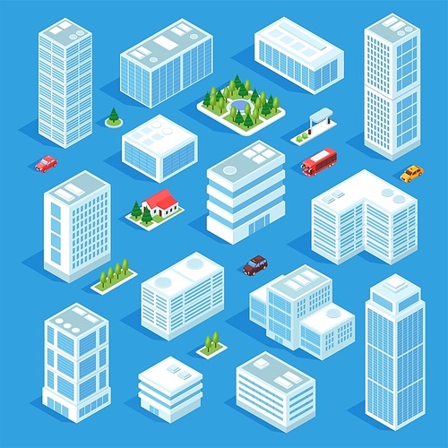 Isometric industrial city set with isolated icons and images of modern buildings with gardens and transport vector illustration