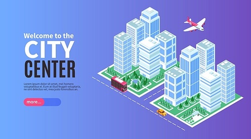 Isometric industrial city horizontal banner with editable text more button and images of downtown district buildings vector illustration