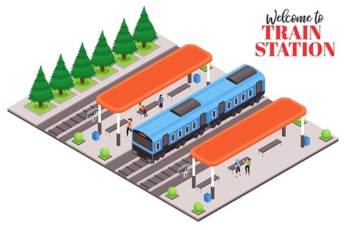Isometric city train station with text and view of train platforms with car and waiting passengers vector illustration